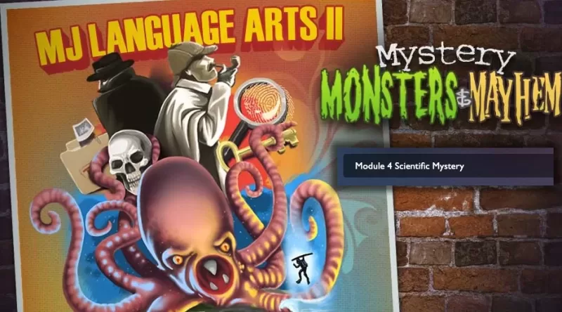 Course tile for Middle School Language Arts II: Mystery Monsters and Mayhem. The image features a poster depicting mosters, such as a giant-squid like sea monster, and detectives along with accoutrements like a magnifying glass and a key, in front of a brick wall. It reads "Middle School Language Arts II: Mystery Monsters"