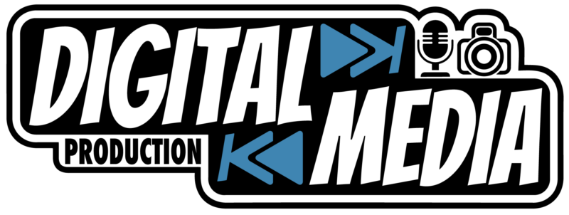 Digital Media Productions logo. A logo featuring big bold block text that reads "Digital Media Production" adorned with icons depicting rewind/fast forward buttons, a microphone, and a camera.