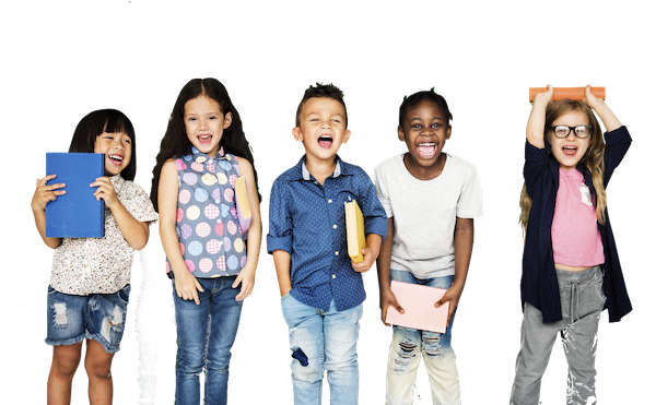 Photograph of elementary students smiling and holding books.