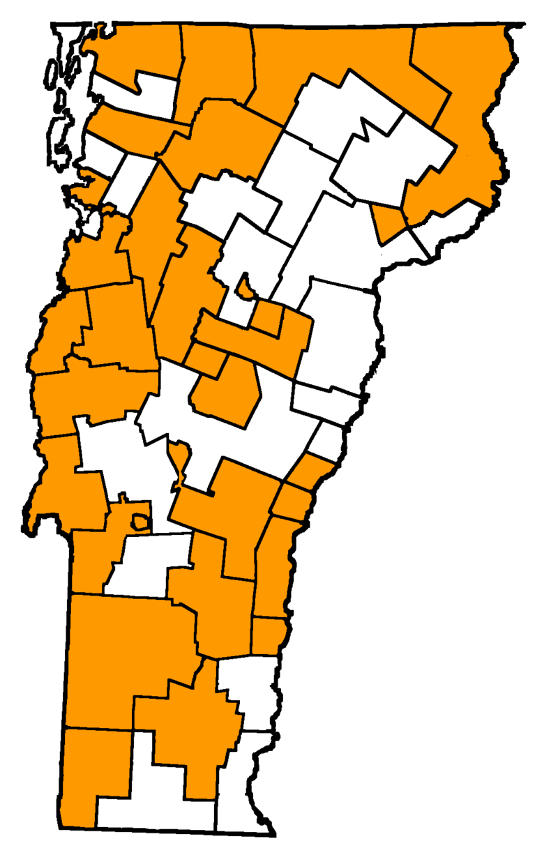 A map of Vermont school districts with VTVLC's 2023-2024 non-teaching partners shaded in yellow.