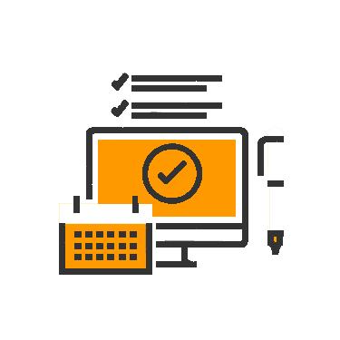 An icon comprised of a cartoonish depiction of a computer, calendar, to-do list, and pen.