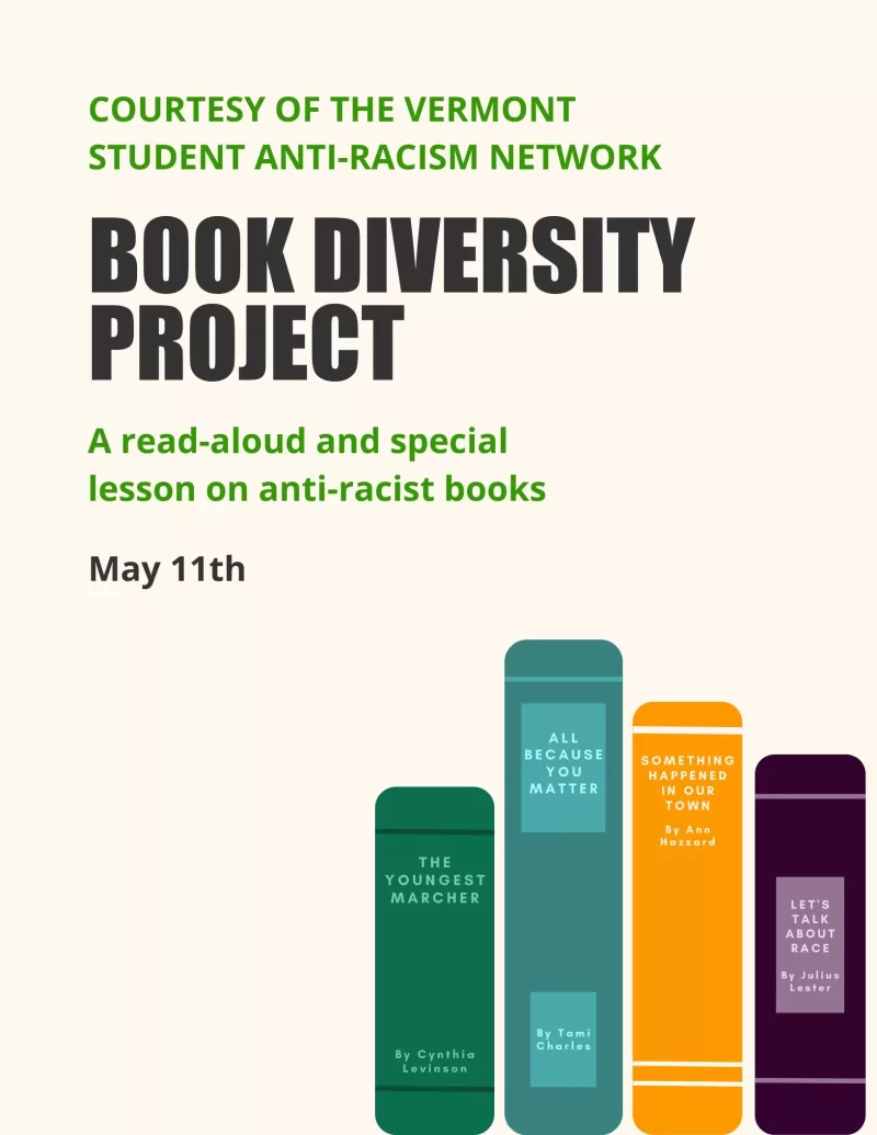 Poster for the VSARN Book Diversity event. The design features an image of stacked books in various colors, representing diversity in literature. The event title 'VSARN Book Diversity' is prominently displayed, with details about the event, including the date, time, and participation information. Logos and additional event details are located at the bottom of the poster.