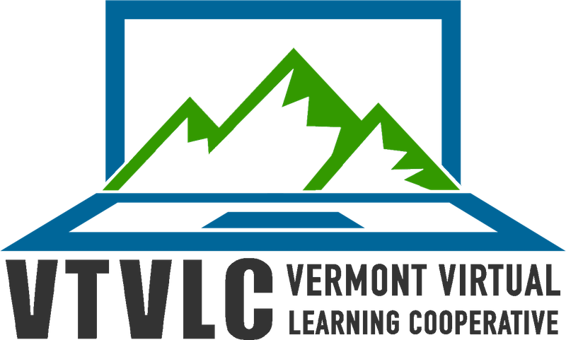 VTVLC logo featuring a laptop and mountain scape which reads "VTVLC: Vermont Virtual Learning Cooperative."