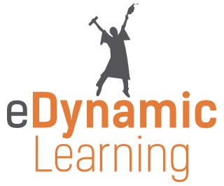 eDynamic Learning Logo. The logo features a grey figure rejoicing with a tool-shape as one hand and a brush-shape as another hand. It reads "eDynamic Learning."