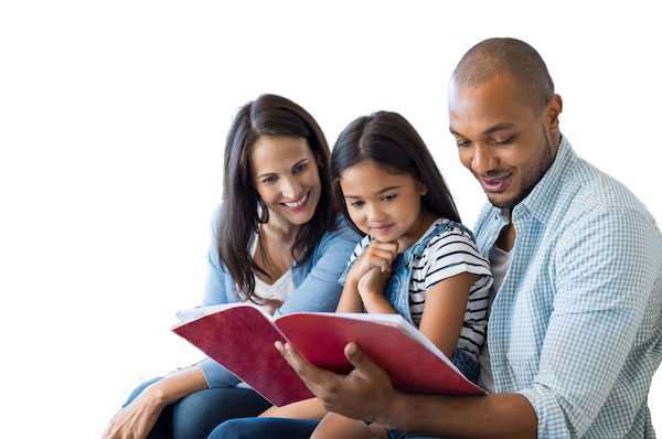 Photograph of a pair of parents and their daughter as they all read from a big, red book.