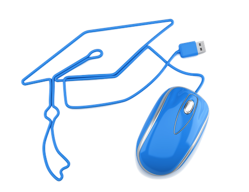 An image where a cord attached to a computer mouse forms the shape of a graduation cap, symbolizing a connection between graduation and online learning.