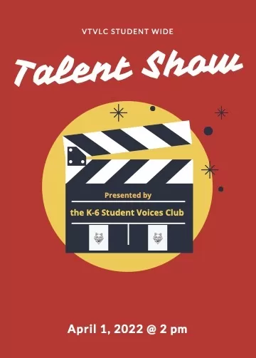 A poster promoting a VTVLC Talent Show Event, depicting a clapboard and featuring event details such as the time of the talent show.