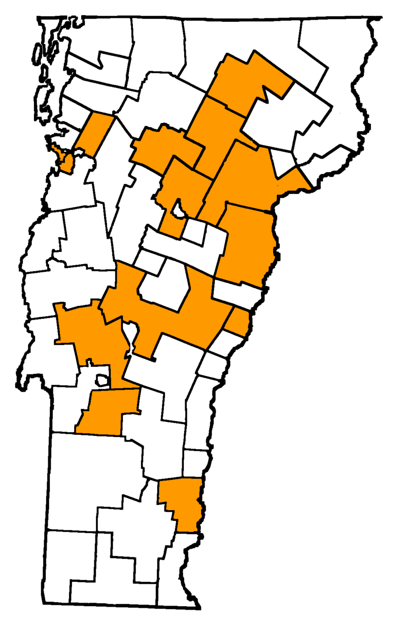 Map of Vermont highlighting VTVLC's 2023-2024 teaching partners in yellow.